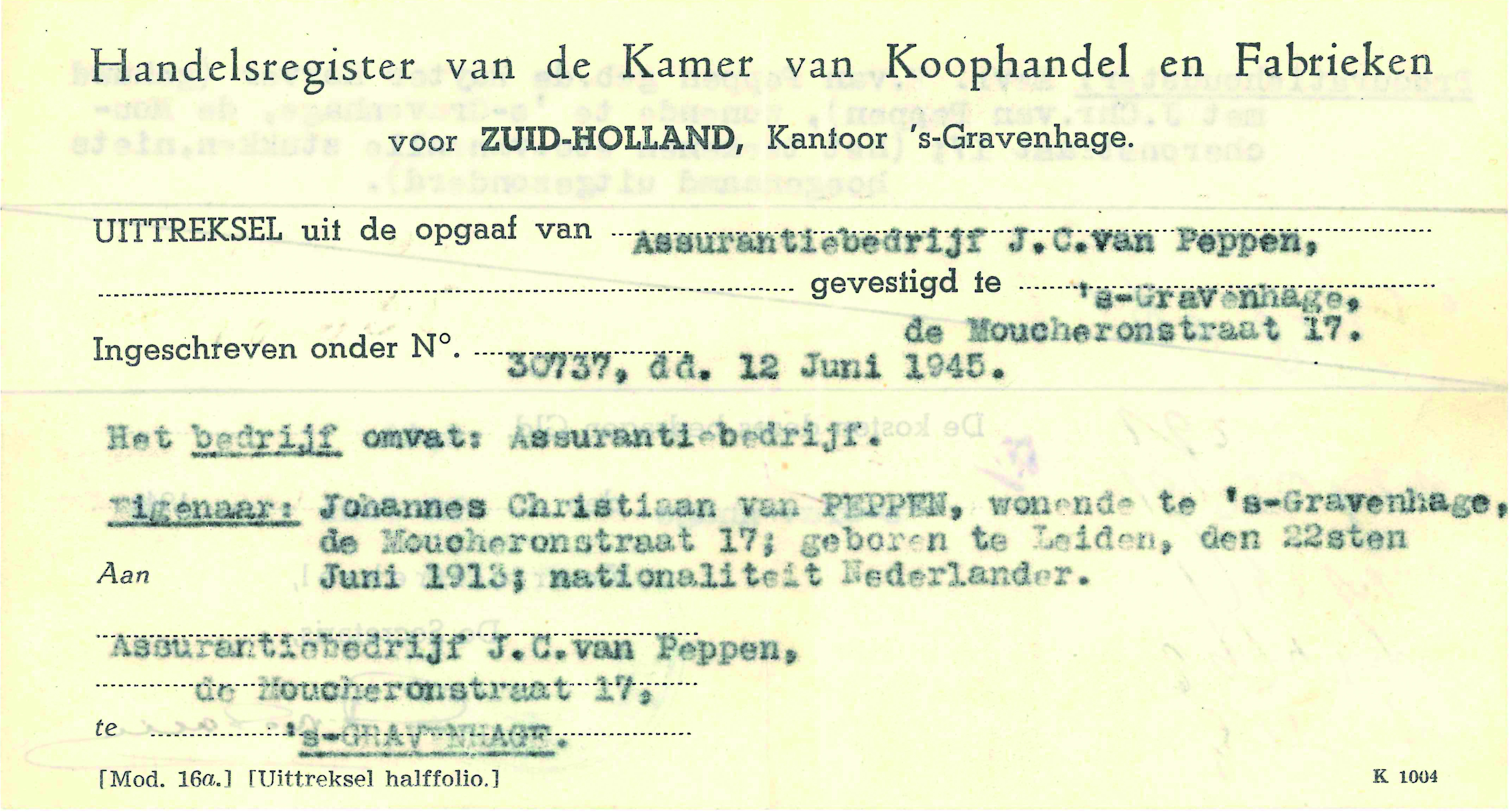 Uittreksel uit het Handelsregister van de Kamer van Koophandel voor Zuid-Holland, met als inschrijfdatum 12 juni 1945.