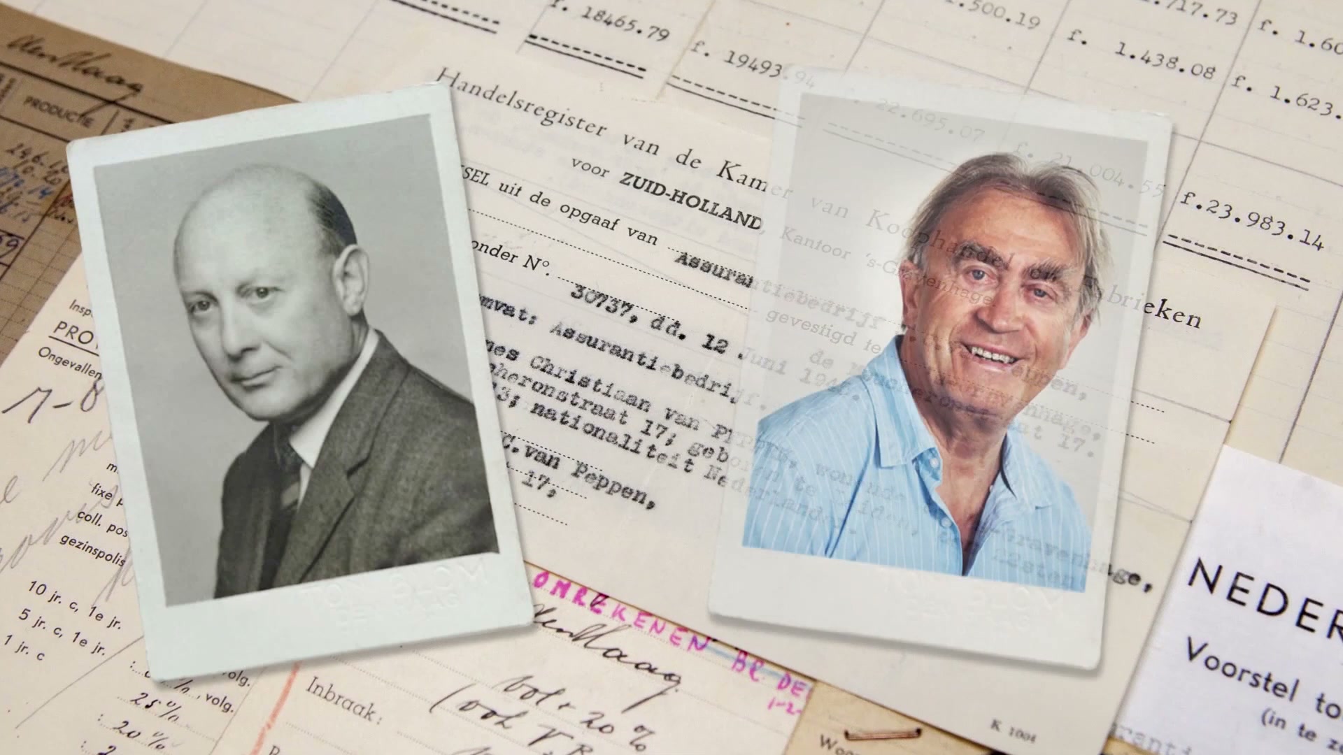 Twee foto’s op oude KvK-papieren: een pasfoto van oprichter J.C. van Peppen en een portret van zijn zoon Ed.
